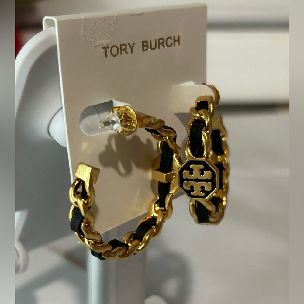 Tory Burch black and gold Marion woven hoops earrings - Picture 2 of 5